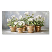 Quadro orizzontale lungo serie di vasi con foglie verdi e fiori bianchi 120X60  45748