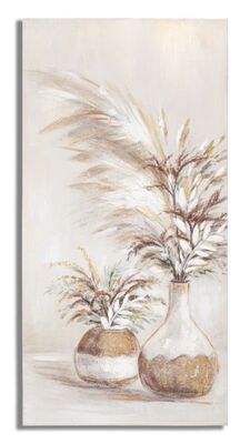 Quadro alto verticale delicato tonalit&agrave; beige e tortora vaso di fiori e pampas 60x120  41008