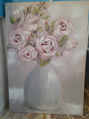 Quadro con vaso di rose tonalit&agrave; grigio chiaro con pennellature 70x100 39942 COLORI E LUCI
