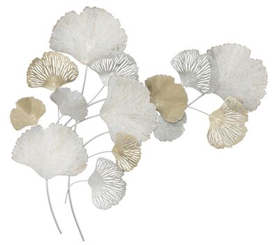 Quadro a pannello foglie con soffio di vento oro grigio argento bianco 85,5x113  41197