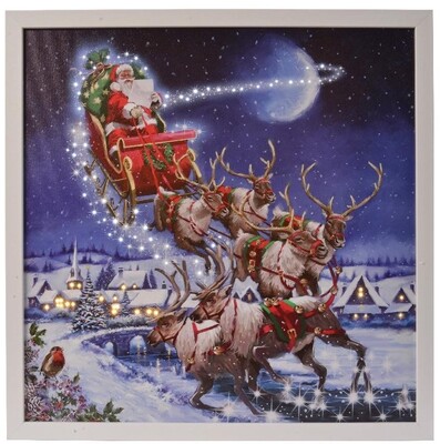 Quadro Christmas blu con luci led Babbo Natale con slitta 48cm 0792285 KAEMINGK