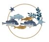 Grande quadro pannello cerchio in metallo pesci oro e azzurro 77cmx63cm  42553