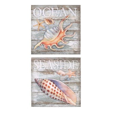 Set 2 quadretti in legno con soggetti marini conchiglie arancio 40x40cm 39165 COLORI E LUCI