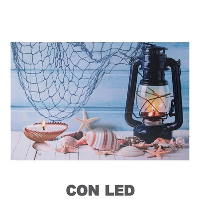 Quadro sangolo mare stampa lanterna con luce led e conchiglie 60x40 43552 COLORI E LUCI