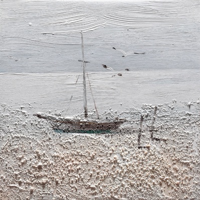 Quadro spiaggia e barca a vela 30x30 con gabbiani  41377