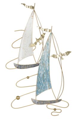 Quadro barche a vela in metallo azzurro oro e onde 51,4x87  41135