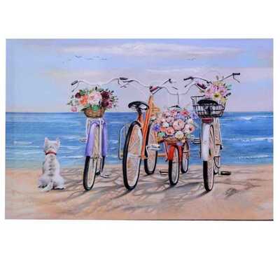 Quadro biciclette al mare con fiori nel cestino e cagnolino a sinistra 70x50 -A- 39997 COLORI E LUCI
