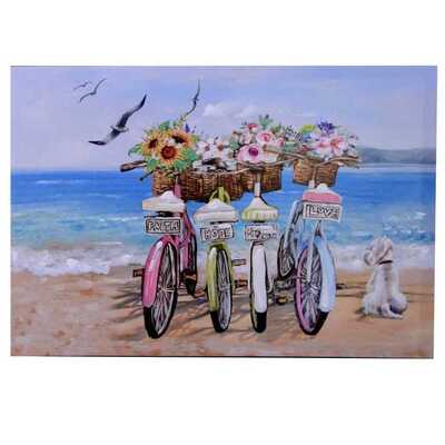 Quadro biciclette al mare con fiori nel cestino e cagnolino a destra 70x50 -B- 39998 COLORI E LUCI