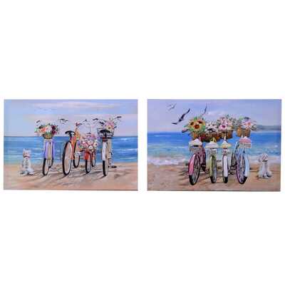 Coppia quadri biciclette al mare con fiori nel cestino e cagnolini 70x50 39999 COLORI E LUCI