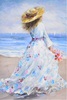 Quadro donna al mare 80x120 dipinto su tela e sfondo con barche 80x120 39904 COLORI E LUCI