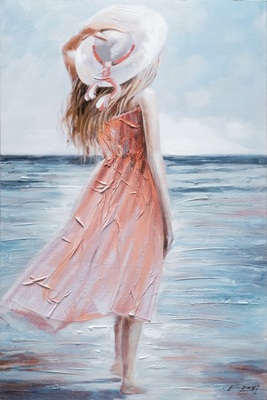 Quadro donna in spiaggia con cappello guarda il mare 60x90  41382
