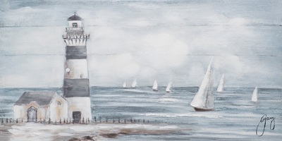Quadro faro con casetta sul mare e barche 120x60  42369