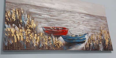 Quadro con barche rossa e blu ormeggiate sul mare 120x60 39986 COLORI E LUCI