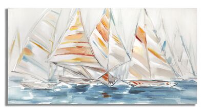 Quadro lungo mare azzurro con barche stilizzate vela colorate 140x70  41009