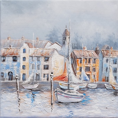Quadetto paesaggio marino 30x30 con molo e barche 41390 COLORI E LUCI