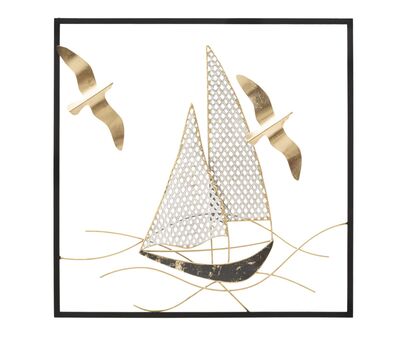 Quadro in metallo con bordo quadrato barca a vela e gabbiani 3d 50cm 40507 COLORI E LUCI