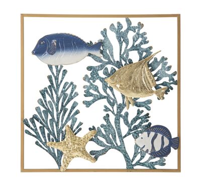 Quadro con pesci, coralli e stella marina nei colori del mare in metallo 50,2x50x2  41136