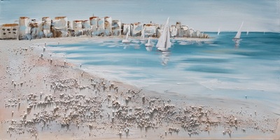 Quadro moderno spiaggia con barche e villaggio marino 120x60  42812