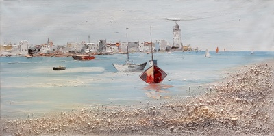 Quadro materico scorcio di mare vela rossa e faro 120x60  42361