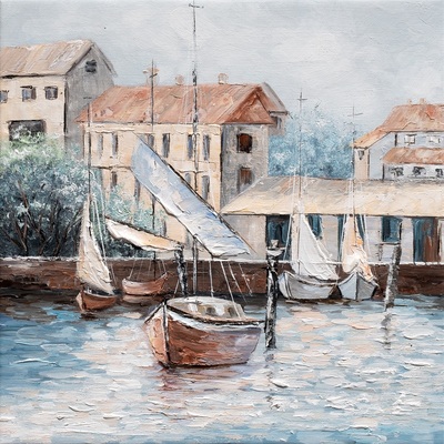 Quadretto 30x30 paese sul mare con barche a vela  41389