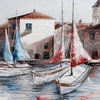 Particolare di Quadro grande 150x65 case colorate e porticciolo con barche a vela  42373