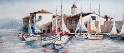 Quadro grande 150x65 case colorate e porticciolo con barche a vela  42373