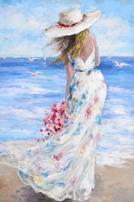Quadro 80x120 verticale ragazza abito fiori spiaggia sfondo mare e gabbiani 39908 COLORI E LUCI