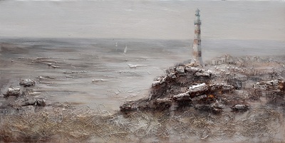 Quadro materico scogli con faro 120x60  42362