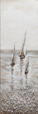Dipinto su tela quadro materico scorcio marino con barche a vela toni tortora 30x90 41036