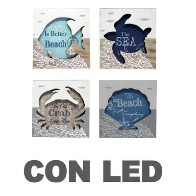 Set 4 quadretti mare 30x30 con led conchiglia pesce tartaruga granchio cm30x30x2,5  43549