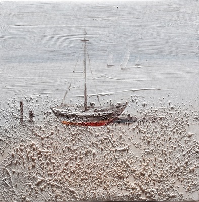 Quadretto 30x30 dipinto su tela spiaggia con barca  41376