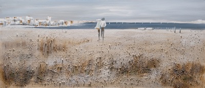 Quadro spiaggia con cespugli e barche a vela sul mare in lontananza 150x65 42371 COLORI E LUCI