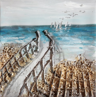 Quadro 30x30 staccionata sul mare barche in lontananza  41384