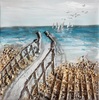 Quadro 30x30 staccionata sul mare barche in lontananza  41384
