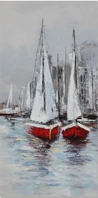 Quadro su tela verticale alto 120cm con dipinto di barche a vela rosse 60x120 39896 COLORI E LUCI