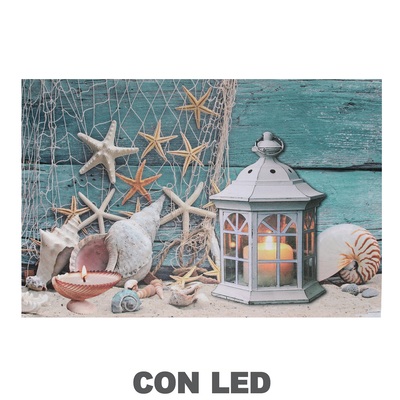 Quadro stampa vibrazioni marine lanterna bianca luce led e conchiglie 60x40 43558 COLORI E LUCI