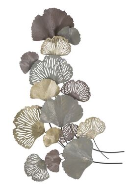 Decorazione grande verticale quadro in metallo argento scuro oro foglie di ginkgo 76x126  41202