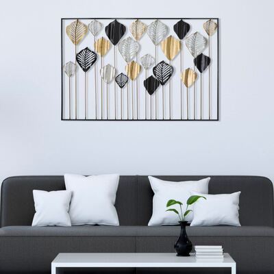 Decorazione grande in metallo da parete quadro griglia foglie nero silver e oro 120x78,5cm  40313