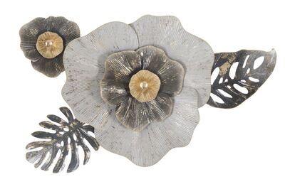 Decorazione quadro in metallo 3d fiore bianco con foglioline  41199