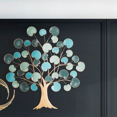 Decorazione da parete a quadro in metallo albero oro blu azzurro 89x90cm  40314