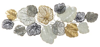 Decorazione da parete quadro in metallo ricamo di foglie bianco grigio nero e oro 142x62  40806