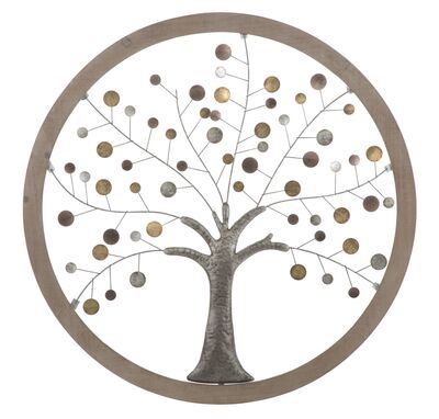 Decoro quadro grande in metallo albero della vita con cerchio legno 80cm  40958