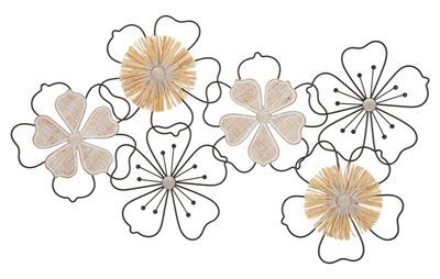 Quadro gioco di fiori in metallo, legno e rafia 75x42  41186