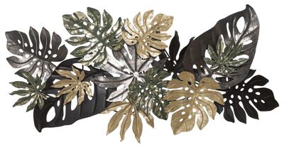 Pannello quadro foglie autunnali sovrapposte verde oro nero grigio 133x67  40955