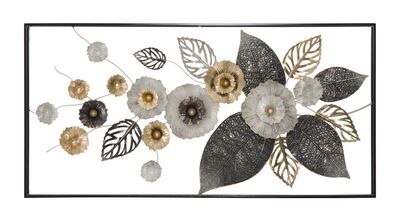 Pannello quadro in metallo con riquadro fiori e grandi foglie 120x59  40947