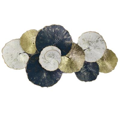 Quadro astratto moderno decori sovrapposti blu, oro e bianchi 91,4X49,5 in metallo 40171