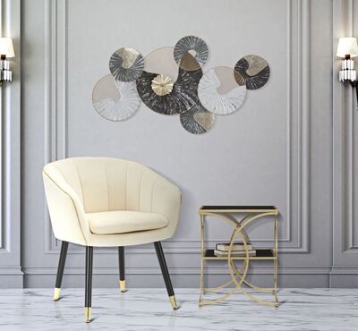 Quadro astratto in metallo moderno con cerchi aperti toni grigio oro bianco nero  40478