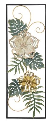 Quadro stretto e lungo foglie verdi e fiori oro e bianco 31x90cm  40284