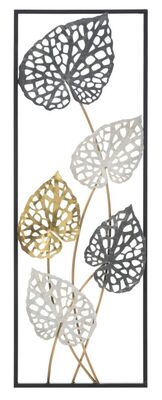 Quadro in metallo 5 foglie grigio bianco e oro 31x90  40901