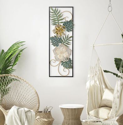 Pannello quadro in metallo con fiore bianco e foglie verdi 31x90cm  40283